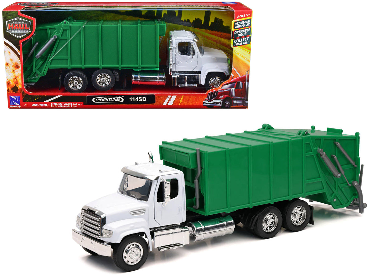 Freightliner 114SD Garbage Truck White and Green "Long Haul Trucker" Series 1/32 Diecast Model