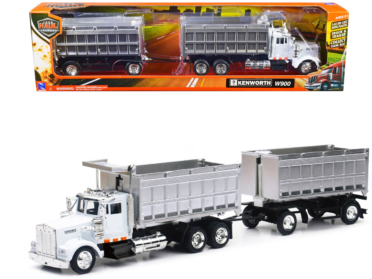 Kenworth W900 Dump Truck with Twin Dump Body White and Chrome "Long Haul Trucker" Series 1/43 Diecast Model