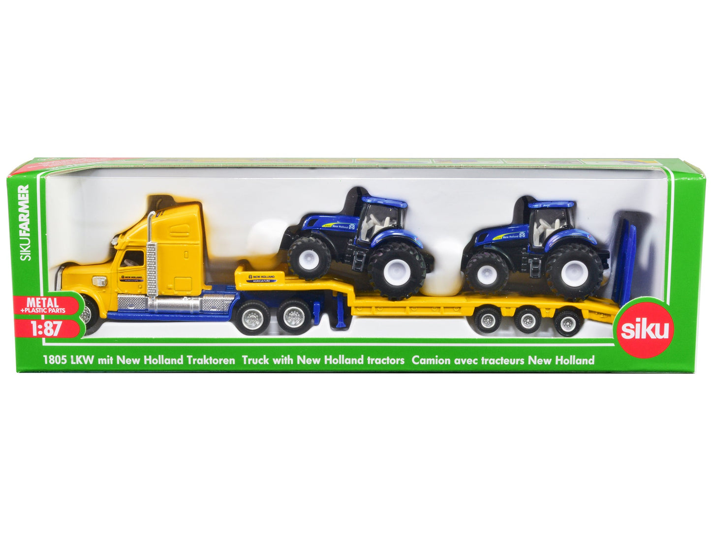 Tractor Truck Yellow with 2 New Holland T7070 Tractors Blue 1/87 (HO) Diecast Models