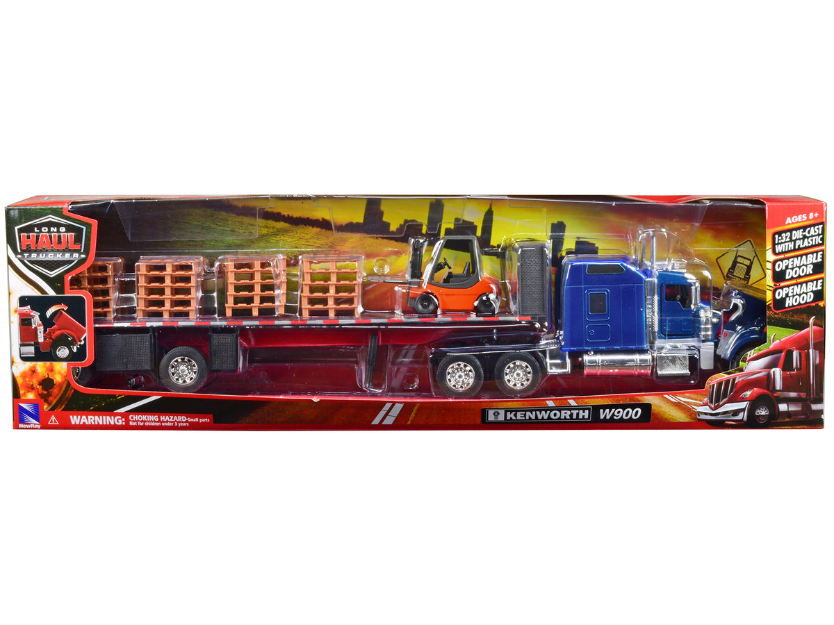Kenworth W900 Truck with Flatbed Trailer Blue with Forklift and Pallets "Long Haul Truckers" Series 1/32 Diecast Model