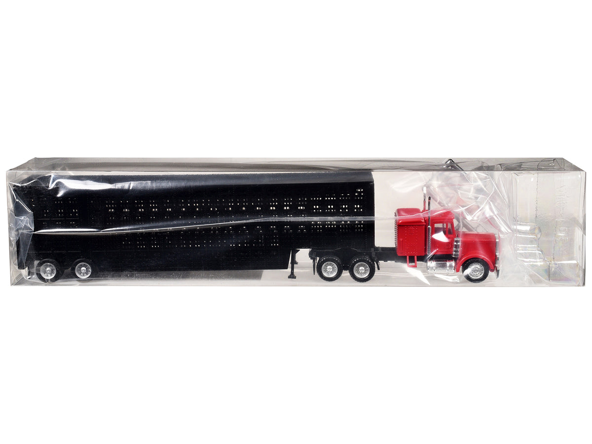 Peterbilt with Sleeper Cab Red with Black Livestock Trailer 1/87 (HO) Plastic Model Car