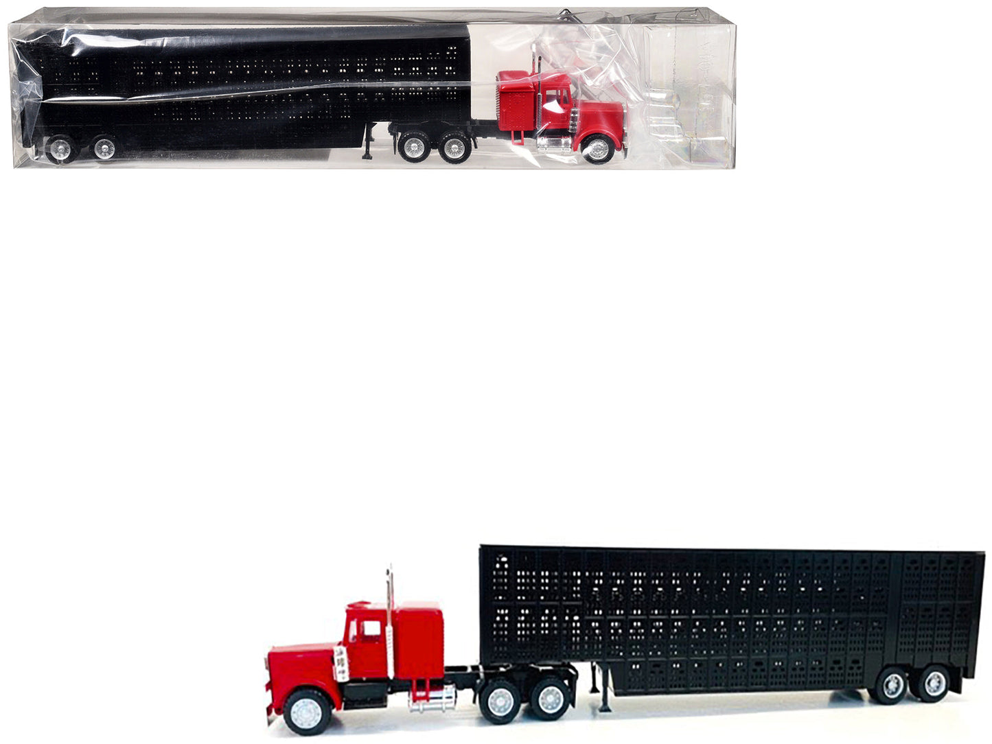Peterbilt with Sleeper Cab Red with Black Livestock Trailer 1/87 (HO) Plastic Model Car