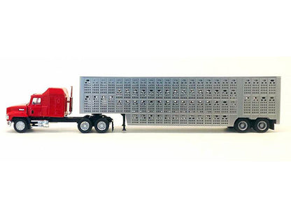 Mack CH 613 with Sleeper Cab Red with Silver Livestock Trailer 1/87 (HO) Plastic Model Car