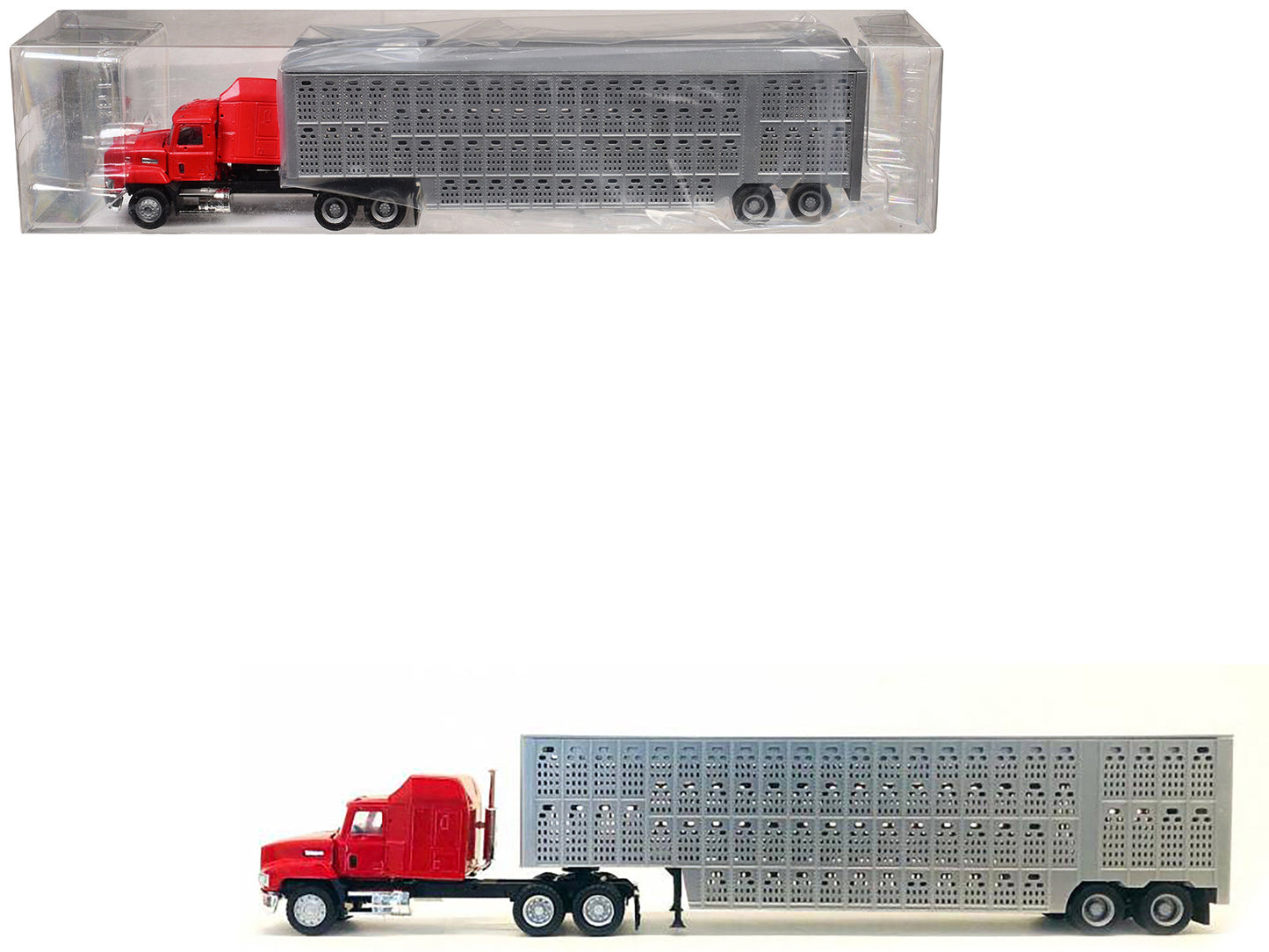Mack CH 613 with Sleeper Cab Red with Silver Livestock Trailer 1/87 (HO) Plastic Model Car