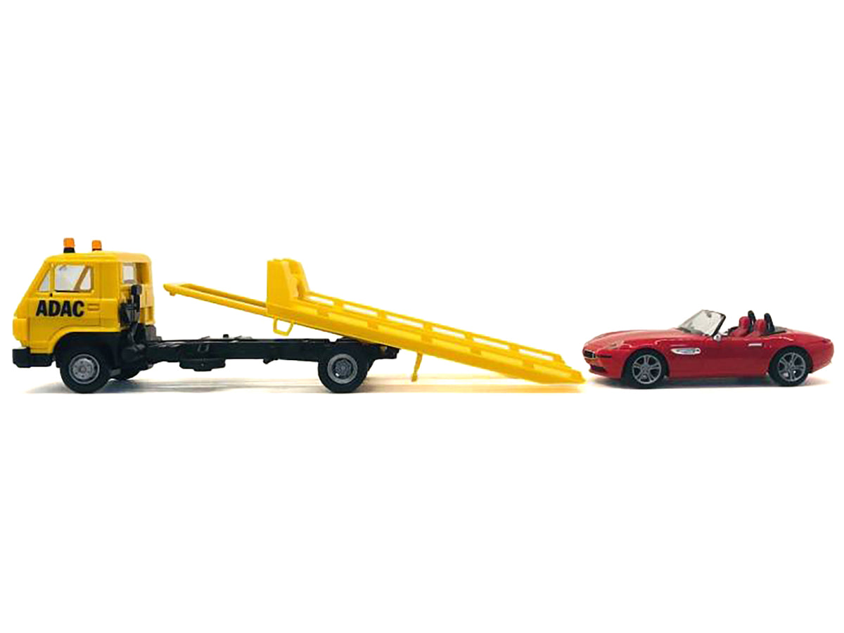 Flatbed Tow Truck "ADAC" Yellow and BMW Z4 Convertible Red Set of 2 pieces 1/87 (HO) Plastic Model Cars