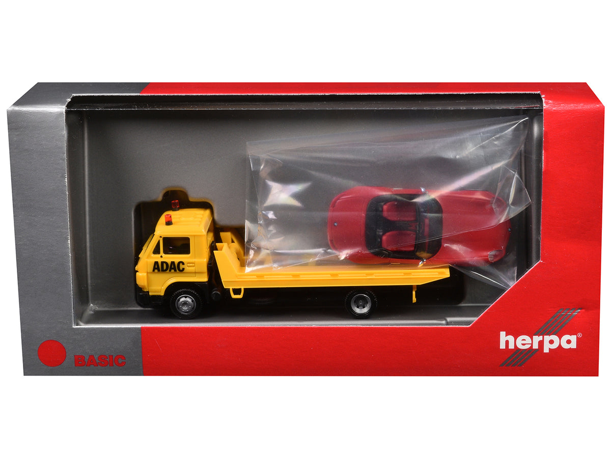 Flatbed Tow Truck "ADAC" Yellow and BMW Z4 Convertible Red Set of 2 pieces 1/87 (HO) Plastic Model Cars