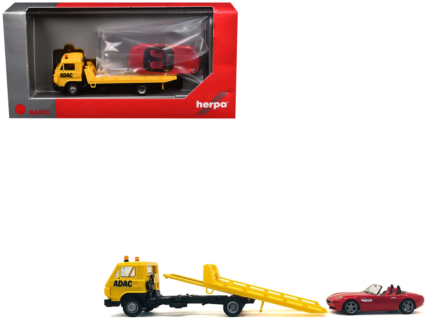 Flatbed Tow Truck "ADAC" Yellow and BMW Z4 Convertible Red Set of 2 pieces 1/87 (HO) Plastic Model Cars