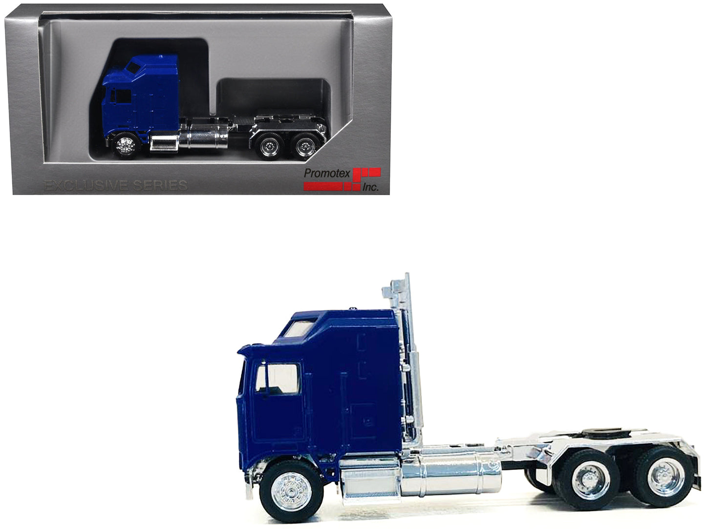 Kenworth K100 with 1-Bar Grill and X-Long Chrome Chassis Blue 1/87 (HO) Plastic Model Car