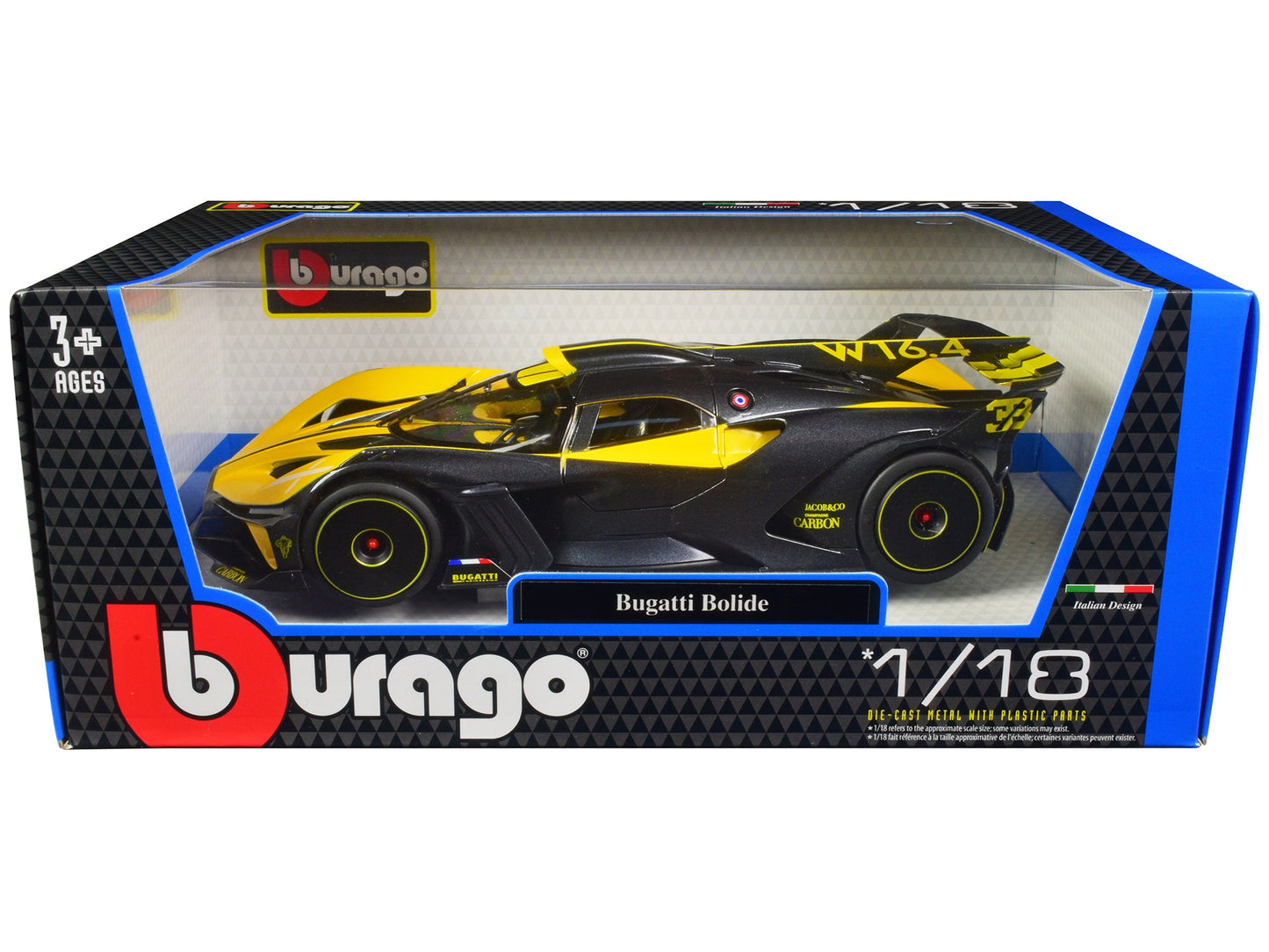 Bugatti Bolide Yellow and Carbon Gray 1/18 Diecast Model Car