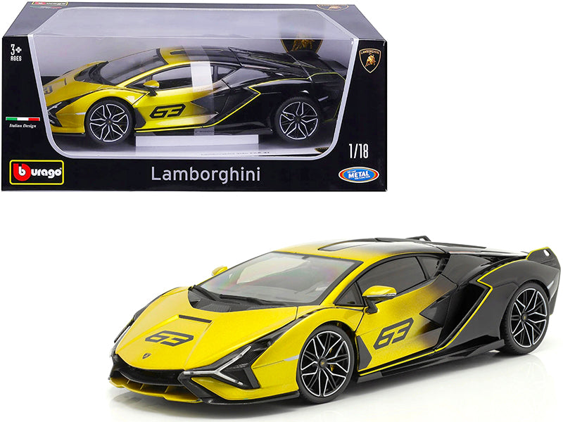 Lamborghini Sian FKP 37 #63 Yellow Metallic and Black 1/18 Diecast Model Car