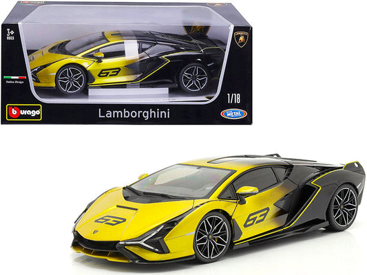 Lamborghini Sian FKP 37 #63 Yellow Metallic and Black 1/18 Diecast Model Car