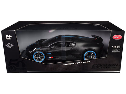 Bugatti Divo Carbon Fiber with Blue Accents "Carbon Series - Bburago 50th Anniversary" 1/18 Diecast Model Car