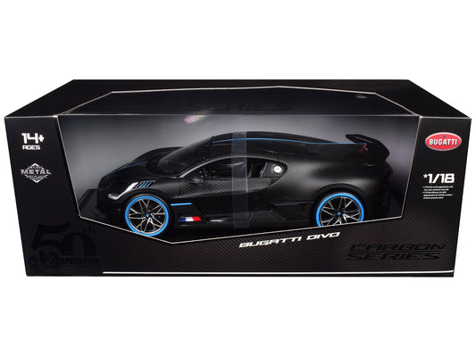 Bugatti Divo Carbon Fiber with Blue Accents "Carbon Series - Bburago 50th Anniversary" 1/18 Diecast Model Car