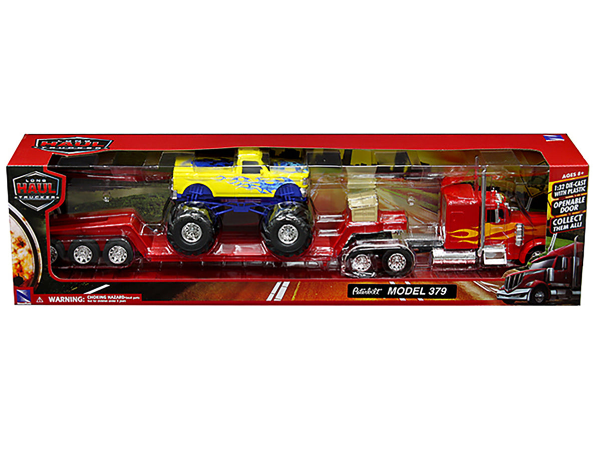 Peterbilt 379 Truck with Lowboy Trailer Red with Orange Flames and Monster Truck Yellow with Blue Flames "Long Haul Truckers" Series 1/32 Diecast Model