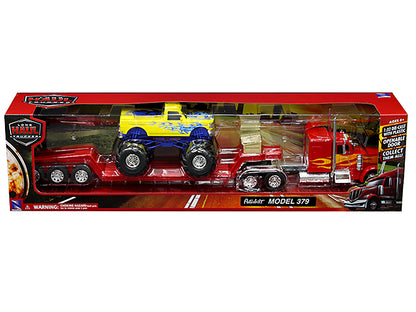 Peterbilt 379 Truck with Lowboy Trailer Red with Orange Flames and Monster Truck Yellow with Blue Flames "Long Haul Truckers" Series 1/32 Diecast Model