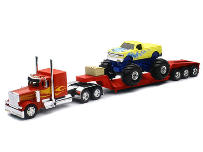 Peterbilt 379 Truck with Lowboy Trailer Red with Orange Flames and Monster Truck Yellow with Blue Flames "Long Haul Truckers" Series 1/32 Diecast Model