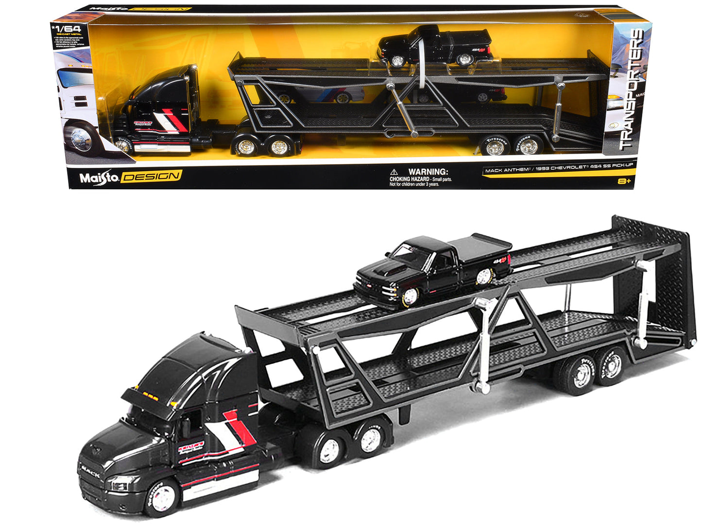 Mack Anthem Open Car Hauler Black with Red and White Stripes "Kenzie's Transport Services" and 1993 Chevrolet 454 SS Pickup Truck Black "Transporters" Series 1/64 Diecast Models