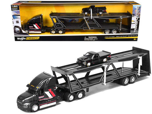Mack Anthem Open Car Hauler Black with Red and White Stripes "Kenzie's Transport Services" and 1993 Chevrolet 454 SS Pickup Truck Black "Transporters" Series 1/64 Diecast Models