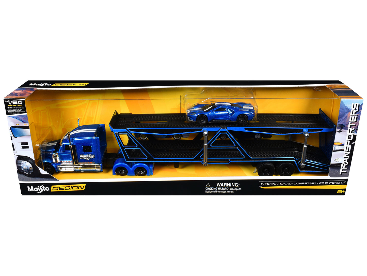 International Lonestar "BlackTop Transport" Open Car Hauler Blue Metallic with White Stripes and Graphics and 2019 Ford GT Blue Metallic with White Stripes "Transporters" Series 1/64 Diecast Models
