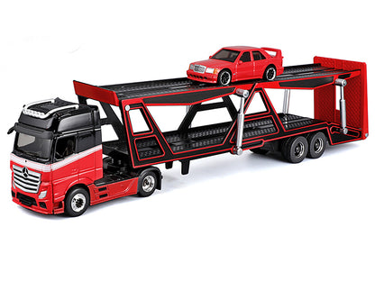 Mercedes-Benz Actros Open Car Hauler Red and Black with White Stripes and 1990 Mercedes-Benz 190E Red "Transporters" Series 1/64 Diecast Models