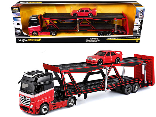 Mercedes-Benz Actros Open Car Hauler Red and Black with White Stripes and 1990 Mercedes-Benz 190E Red "Transporters" Series 1/64 Diecast Models