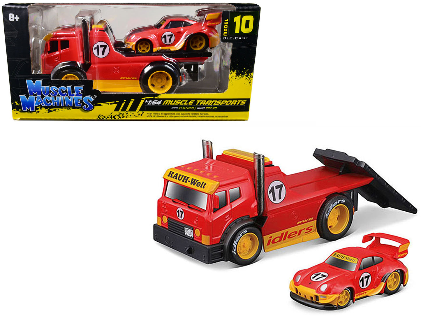 JDM Flatbed Truck #17 Red "RAUH-Welt BEGRIFF" and Porsche RWB 911 993 #17 Red "Muscle Transports" Series 1/64 Diecast Model Cars