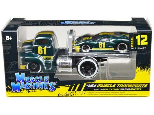 1950 Ford COE Flatbed Truck #61 and 1966 Ford GT40 MK II #61 Green Metallic with Yellow Stripes "Muscle Transports" Series 1/64 Diecast Model Cars