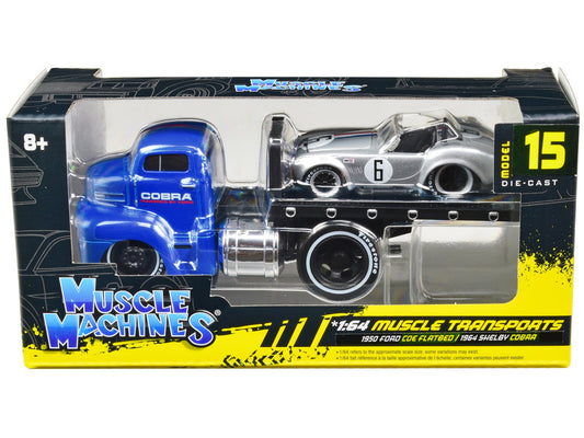 1950 Ford COE Flatbed Truck Blue "Cobra Powered by Ford" and 1964 Shelby Cobra #6 Silver Metallic with Stripes "Muscle Transports" Series 1/64 Diecast Model Cars