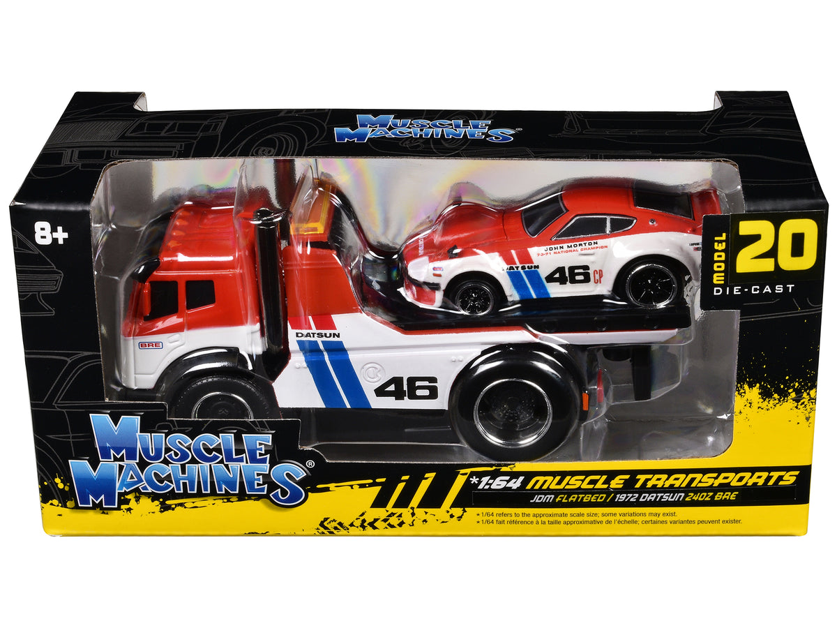 JDM Flatbed Truck #46 Red and White with Blue Stripes and 1972 Datsun 240Z #46 Red and White with Blue Stripes "BRE" "Muscle Transports" Series 1/64 Diecast Models