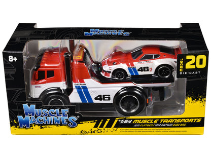 JDM Flatbed Truck #46 Red and White with Blue Stripes and 1972 Datsun 240Z #46 Red and White with Blue Stripes "BRE" "Muscle Transports" Series 1/64 Diecast Models