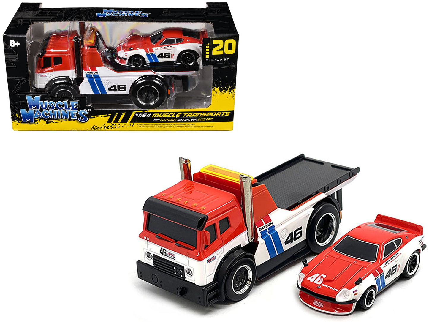 JDM Flatbed Truck #46 Red and White with Blue Stripes and 1972 Datsun 240Z #46 Red and White with Blue Stripes "BRE" "Muscle Transports" Series 1/64 Diecast Models