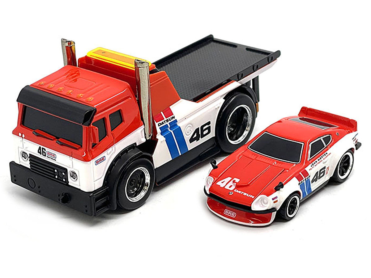 JDM Flatbed Truck #46 Red and White with Blue Stripes and 1972 Datsun 240Z #46 Red and White with Blue Stripes "BRE" "Muscle Transports" Series 1/64 Diecast Models