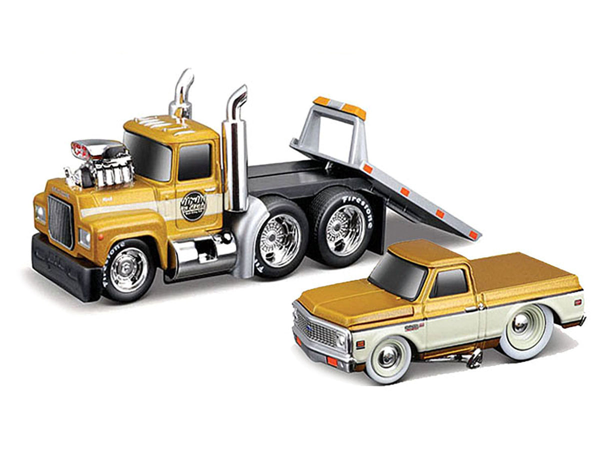 1980 Mack A685ST Flatbed Truck Gold Metallic with Beige Stripes "Madman Garage" and 1972 Chevrolet C10 Pickup Truck Gold Metallic and Beige "Muscle Transports" Series 1/64 Diecast Models