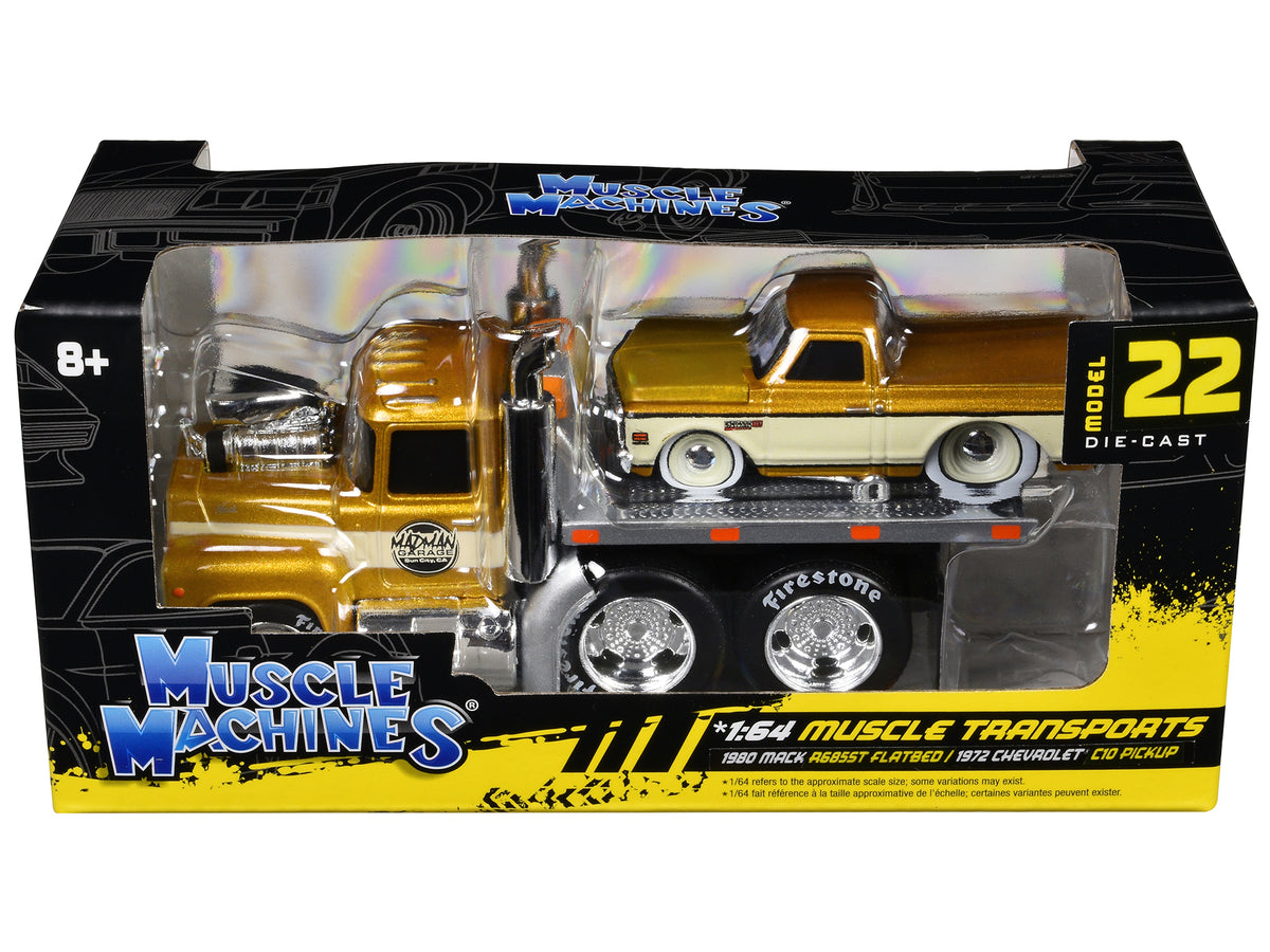 1980 Mack A685ST Flatbed Truck Gold Metallic with Beige Stripes "Madman Garage" and 1972 Chevrolet C10 Pickup Truck Gold Metallic and Beige "Muscle Transports" Series 1/64 Diecast Models