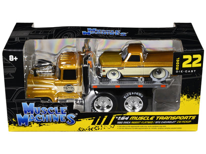 1980 Mack A685ST Flatbed Truck Gold Metallic with Beige Stripes "Madman Garage" and 1972 Chevrolet C10 Pickup Truck Gold Metallic and Beige "Muscle Transports" Series 1/64 Diecast Models