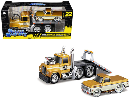 1980 Mack A685ST Flatbed Truck Gold Metallic with Beige Stripes "Madman Garage" and 1972 Chevrolet C10 Pickup Truck Gold Metallic and Beige "Muscle Transports" Series 1/64 Diecast Models