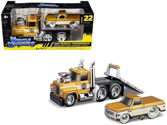 1980 Mack A685ST Flatbed Truck Gold Metallic with Beige Stripes "Madman Garage" and 1972 Chevrolet C10 Pickup Truck Gold Metallic and Beige "Muscle Transports" Series 1/64 Diecast Models