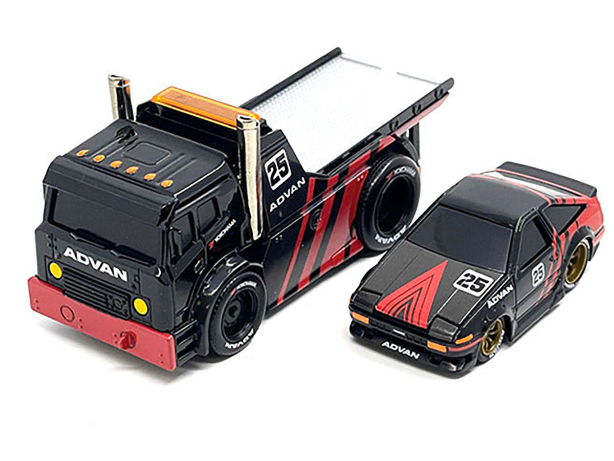 JDM Flatbed Truck #25 Black and Red and 1983-85 Toyota Trueno Sprinter (AE86) #25 Black and Red "Advan" Livery "Muscle Transports" Series 1/64 Diecast Models