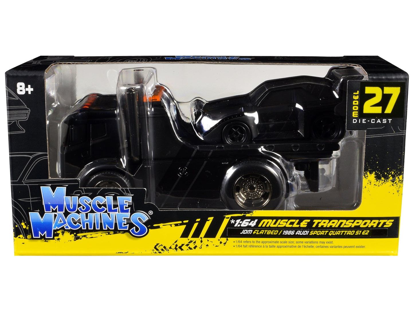 JDM Flatbed Truck Matt Black and 1986 Audi Sport Quattro S1 E2 Matt Black "Muscle Transports" Series 1/64 Diecast Models