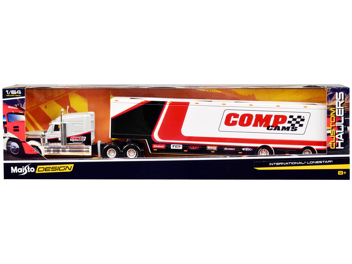 International LoneStar Enclosed Car Transporter "Comp Cams" White and Black with Stripes "Custom Haulers" Series 1/64 Diecast Model