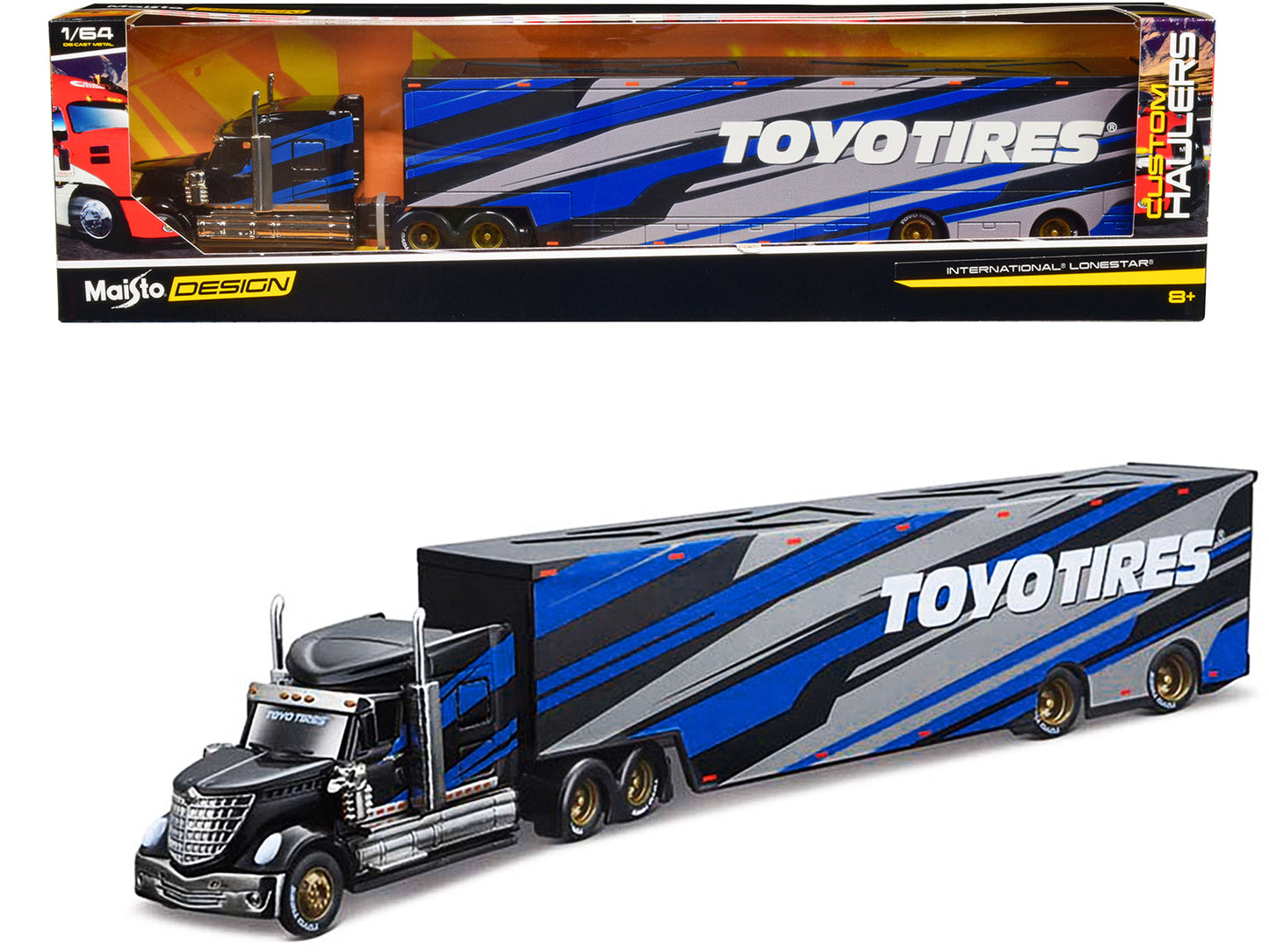 International LoneStar Enclosed Car Transporter "Toyo Tires" Black with Blue and Gray Stripes "Custom Haulers" Series 1/64 Diecast Model