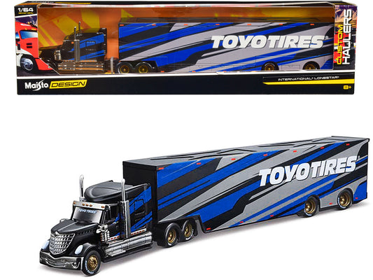 International LoneStar Enclosed Car Transporter "Toyo Tires" Black with Blue and Gray Stripes "Custom Haulers" Series 1/64 Diecast Model