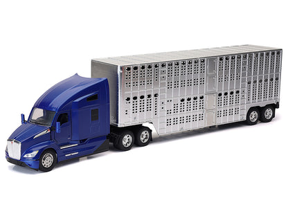 Kenworth T680 Truck Blue Metallic with Livestock Trailer Chrome "Long Haul Trucker" Series 1/32 Diecast Model