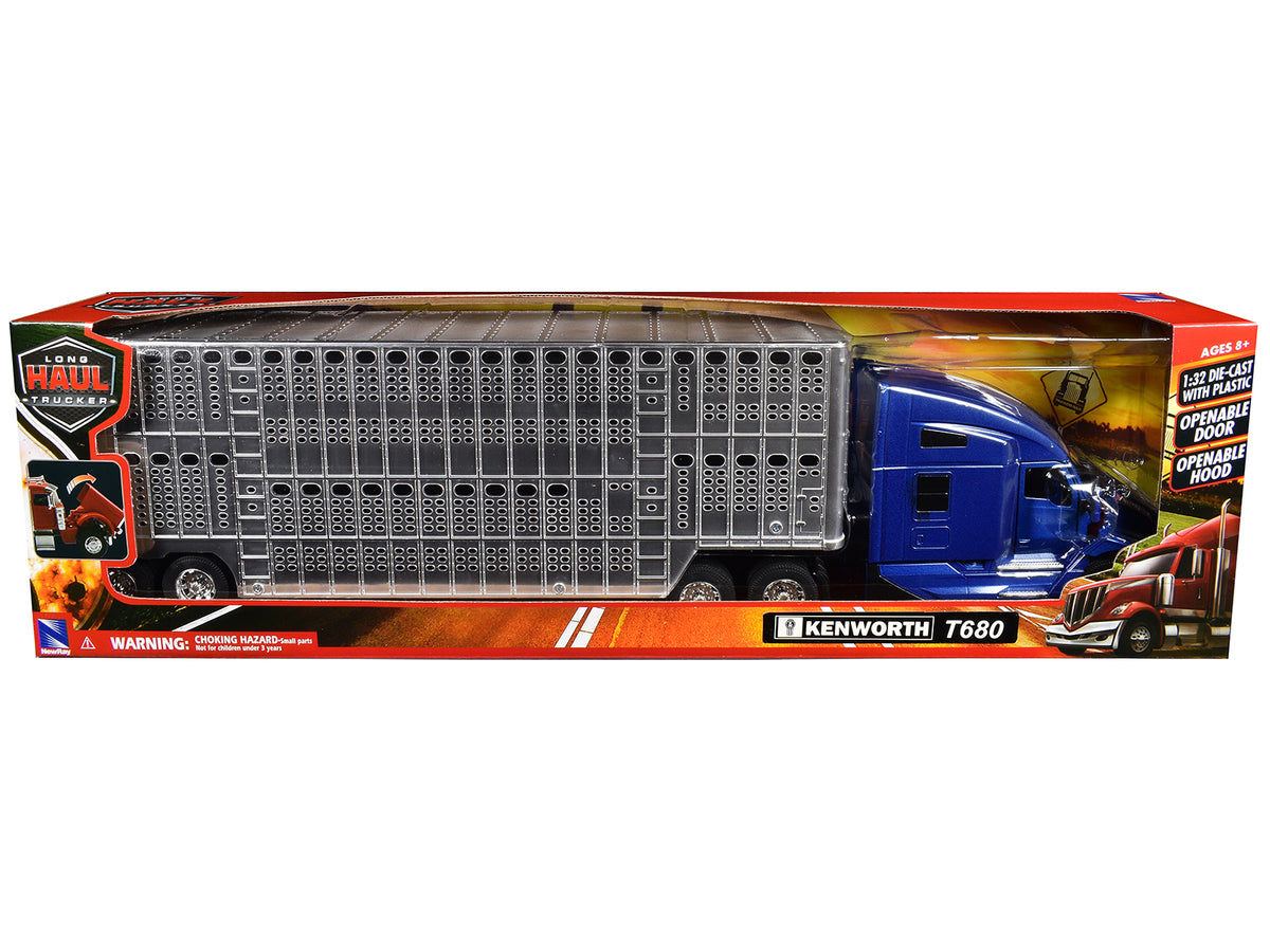 Kenworth T680 Truck Blue Metallic with Livestock Trailer Chrome "Long Haul Trucker" Series 1/32 Diecast Model