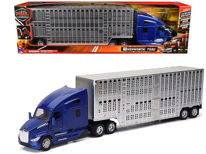 Kenworth T680 Truck Blue Metallic with Livestock Trailer Chrome "Long Haul Trucker" Series 1/32 Diecast Model