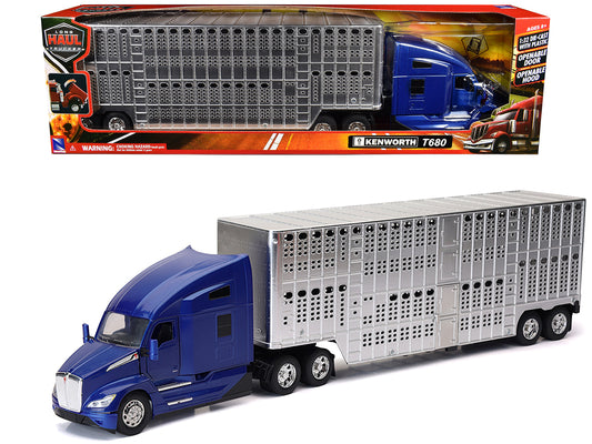 Kenworth T680 Truck Blue Metallic with Livestock Trailer Chrome "Long Haul Trucker" Series 1/32 Diecast Model
