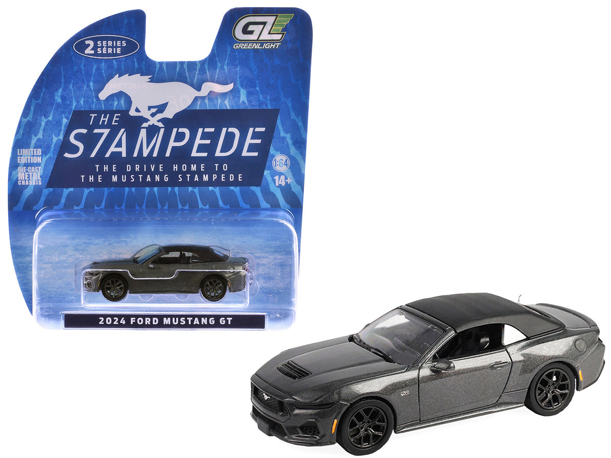 2024 Ford Mustang GT 5.0 Convertible Dark Matter Gray Metallic with Black Soft Top "Stampede" Series 2 1/64 Diecast Model Car