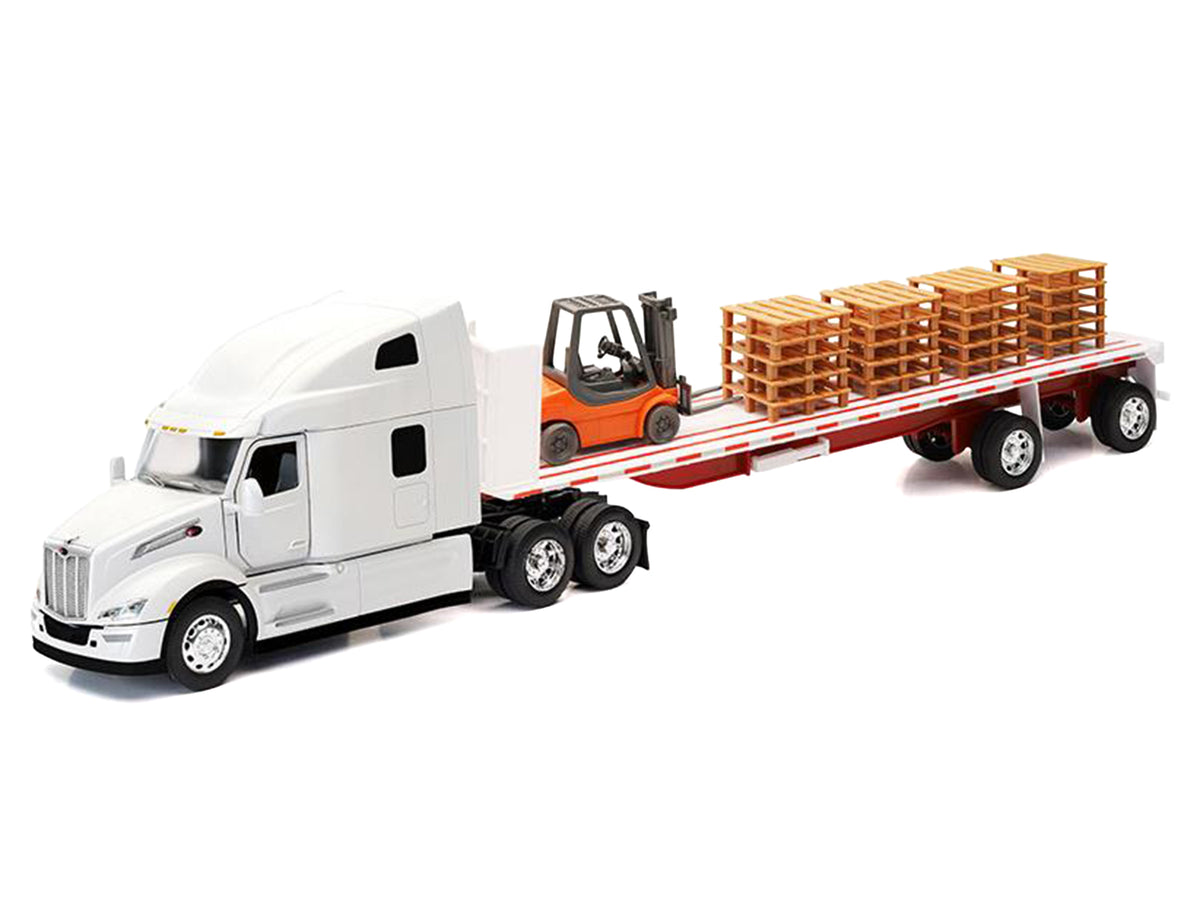 Peterbilt 579 Truck White with Flatbed Trailer White and Load of Forklift and Pallets "Long Haul Truckers" Series 1/32 Diecast Model