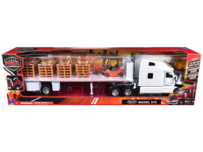 Peterbilt 579 Truck White with Flatbed Trailer White and Load of Forklift and Pallets "Long Haul Truckers" Series 1/32 Diecast Model