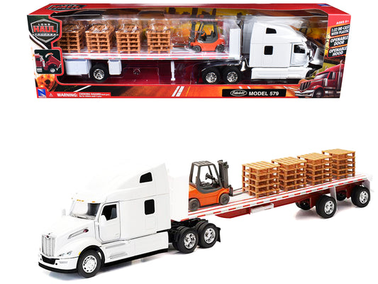 Peterbilt 579 Truck White with Flatbed Trailer White and Load of Forklift and Pallets "Long Haul Truckers" Series 1/32 Diecast Model